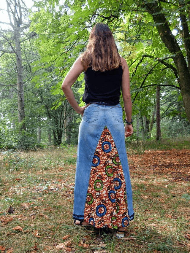 Jupe NGOR - Jean upcyclé & coton wax - S - Pièce unique